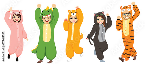 Happy five people wearing funny animal onesie costume celebrating Halloween pajama party