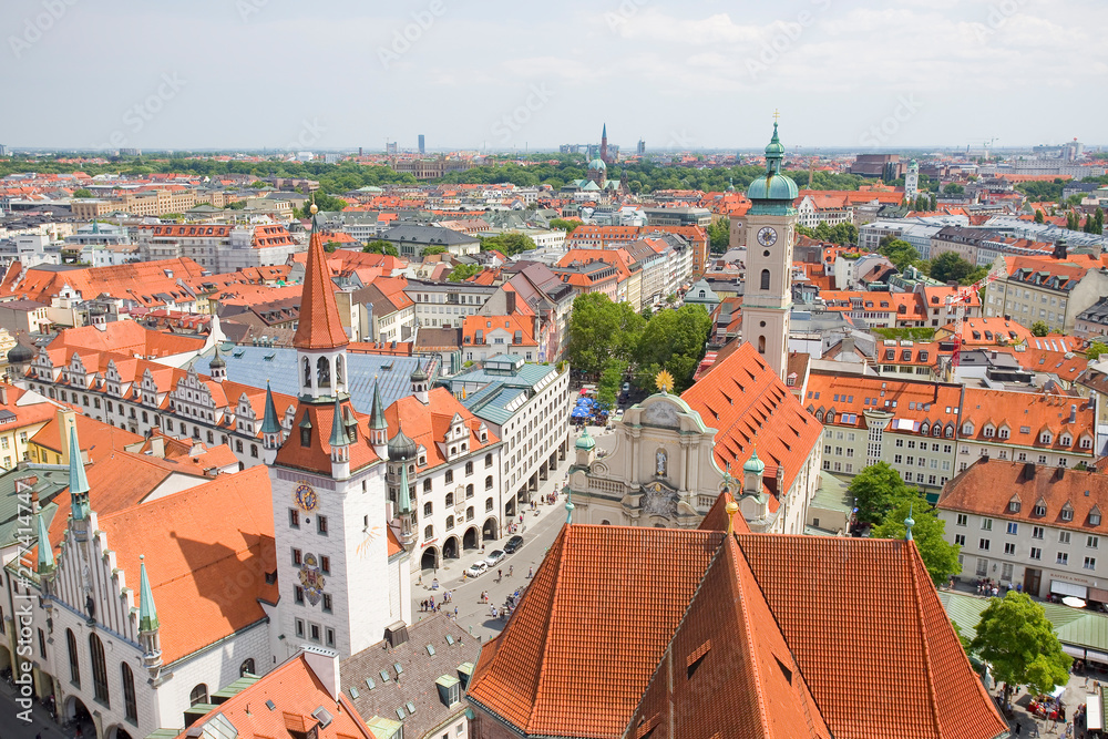 Aerial view of Munich City and Heilig Geist Kirche tower church, Munich, Germany.