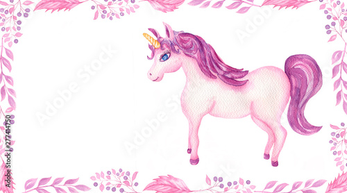 Watercolor hand drawn pink and violet unicorn card illustration with violet and pink flowers  fairy tale animal creature  magical  clip art  isolated on white background.Birthday card.