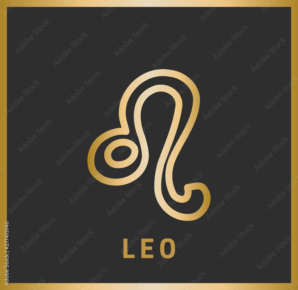 Sign of the zodiac Leo. Horoscope. Isolated golden symbol on a black background with a golden inscription. Vector illustration Sign of the zodiac Leo. Horoscope. Isolated golden symbol on a black background with a golden inscription. Vector illustration