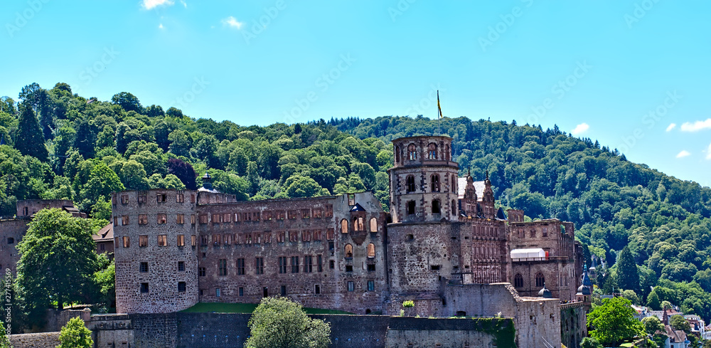 Fototapeta premium Heidelberger Schloss vor dem Wald auf den Bergen