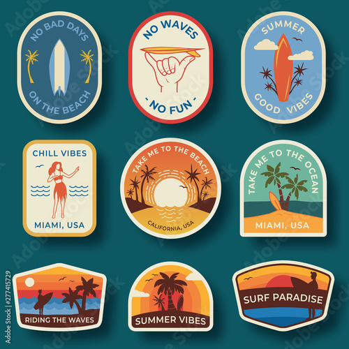 Set of nine beach badges. Hand drawn palm trees and beach elements in retro style. Summer labels, badges and icons
