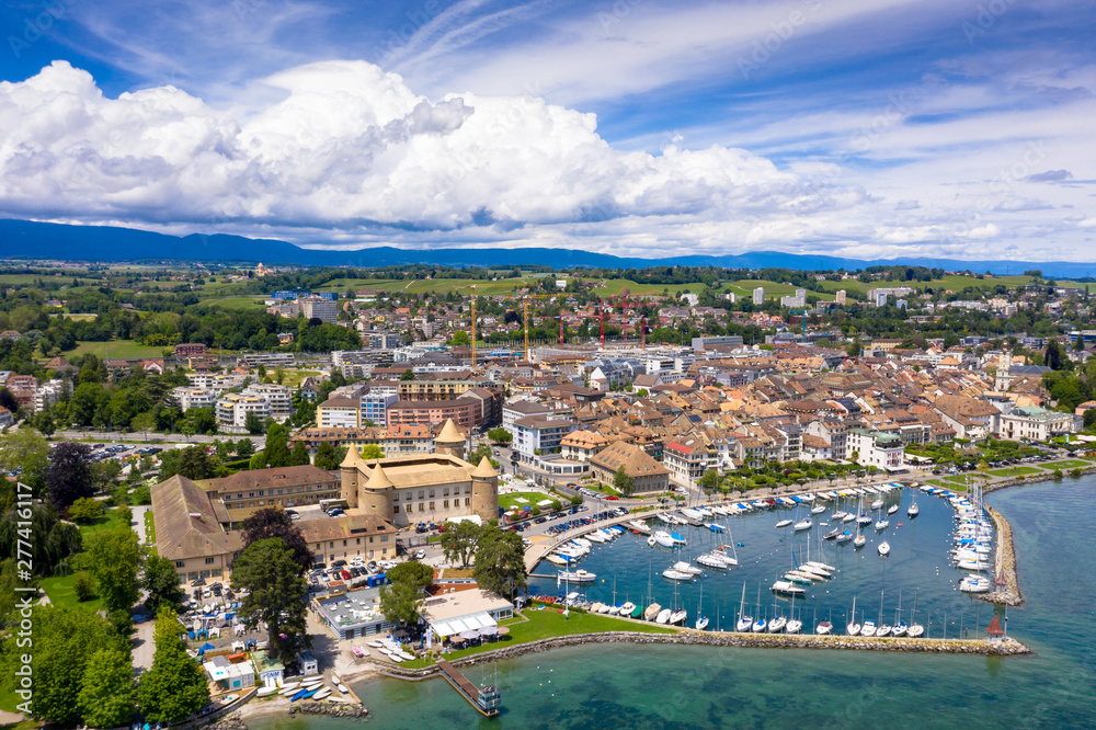 Aerial view of Morges castle in the border of the Leman Lake in  Switzerland