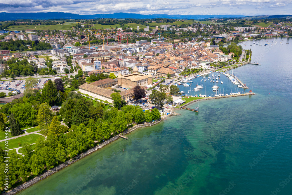 Aerial view of Morges castle in the border of the Leman Lake in  Switzerland