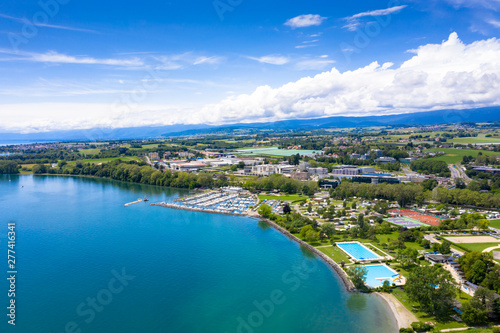 Aerial view of Morges city waterfront in the border of the Leman Lake in Switzerland