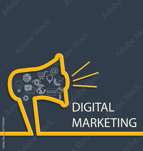 Digital marketing concept, megaphone with icons. Ad, promo, announcement symbol with space for text. Vector illustration.