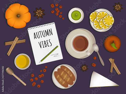 Autumn vibes - upper table view composition. Set with different objects like tea cup, honey, lemon slices, pumpkin, baguettes, candle, apple, note book with inscription aso. Autumn theme. Vector.