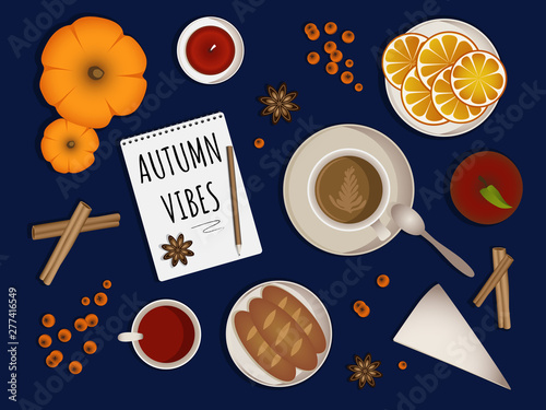 Autumn vibes - upper table view composition. Set with different objects coffee cup, jam, orange slices, pumpkins, baguettes, candle, apple, note book with inscription aso. Autumn theme. Vector.