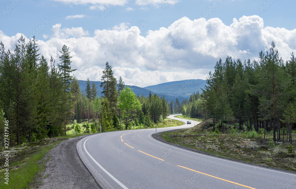 Curvy highway between Oslo and Trondheim in Norway. Bright summer day and empty road between the forest and under cloudy sky. European route E6, the main north-south 3088 km long road through Norway. Curvy highway between Oslo and Trondheim in Norway. Bright summer day and empty road between the forest and under cloudy sky. European route E6, the main north-south 3088 km long road through Norway.