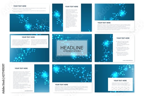 Big set of vector templates for presentation slides. Modern graphic background structure molecule and communication. Scientific pattern atom DNA. Medical, science, chemistry design.