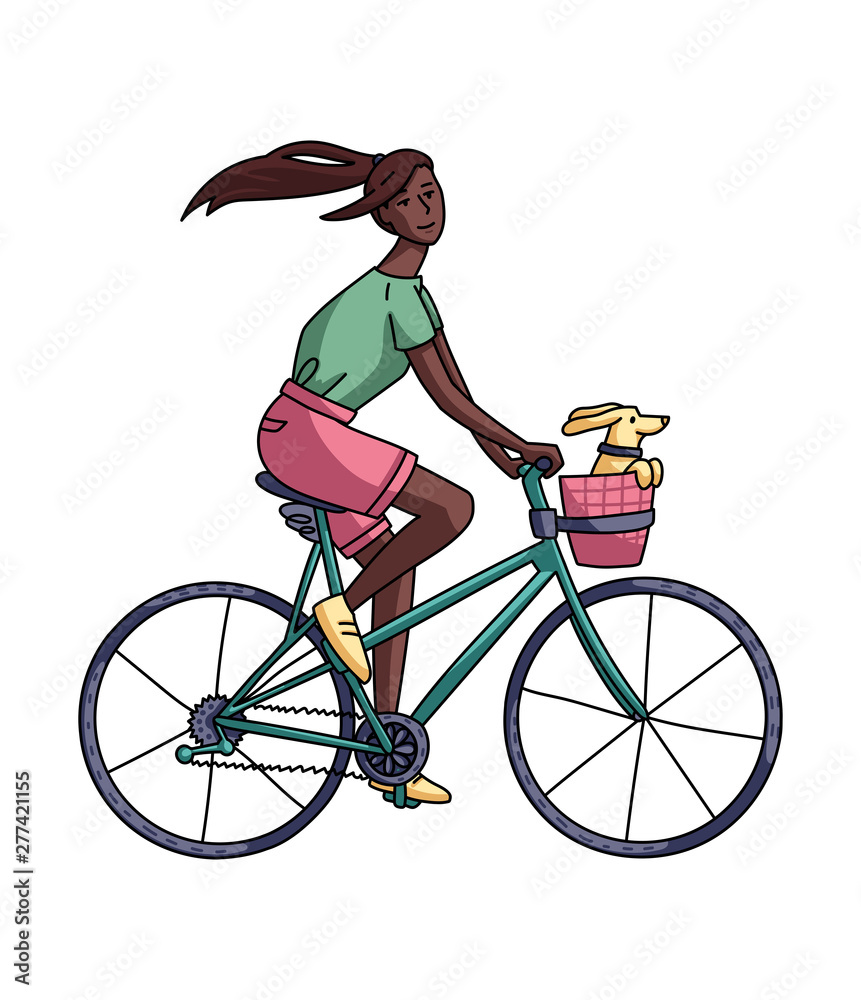 Obraz premium Vector illustration of a girl riding a bicycle. Happy beautiful female character isolated on white background.