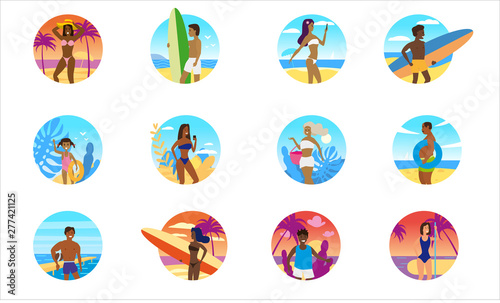 Set summer people beach icons decorative. Vacation trip holiday beach outdoor activty