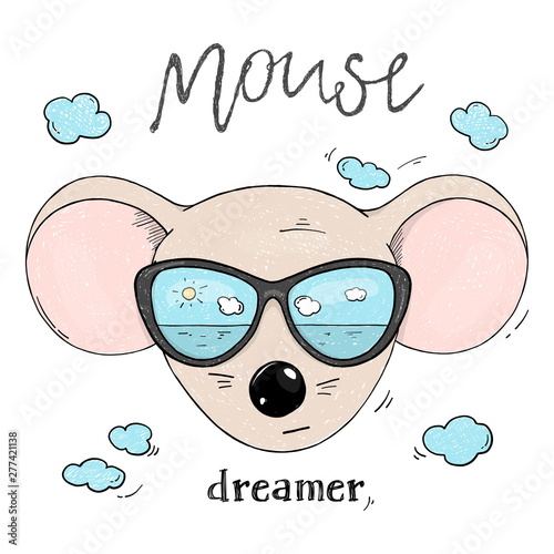 Funny mouse head in sunglasses. The glasses reflect the sea and the sun.