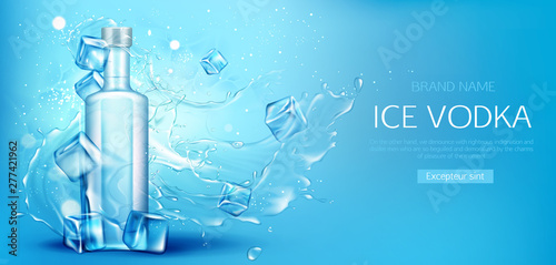 Vodka bottle with ice cubes mockup. Closed glass blank flask with strong alcohol drink mock up on blue water splash and drops background, advertising promo ad banner, Realistic 3d vector illustration
