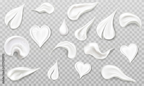 White cream smears swatch set. Heart, leaf, drop shaped eco cosmetics brush strokes, beauty skin care product isolated on transparent background, foundation Realistic 3d vector illustration, clip art.