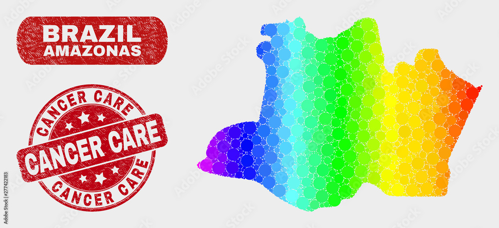 Rainbow colored dot Amazonas State map and watermarks. Red rounded Cancer Care distress seal stamp. Gradiented spectrum Amazonas State map mosaic of scattered circle elements.