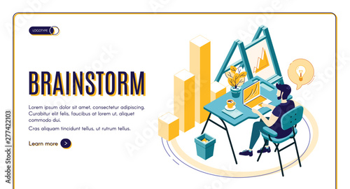 IT company, business startup, online service for effective brainstorming isometric vector web banner, landing page template. Man sitting at desk, working on laptop, trying to find idea illustration