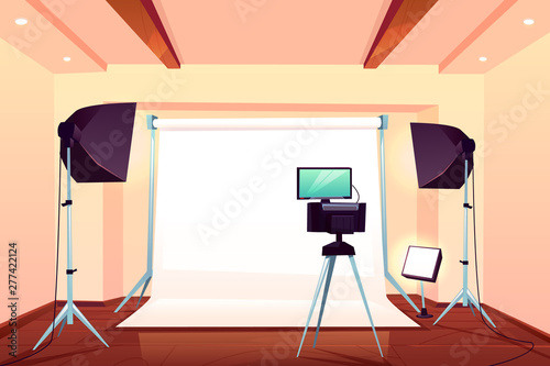 Photo or video studio workshop equipped with modern professional light equipment, camera, external monitor on tripod, flashes in softboxes on stands and white background cartoon vector illustration