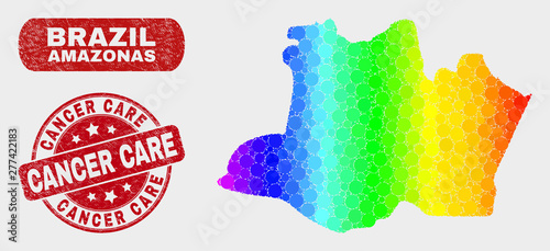 Rainbow colored dot Amazonas State map and watermarks. Red rounded Cancer Care distress seal stamp. Gradiented spectrum Amazonas State map mosaic of scattered circle elements.