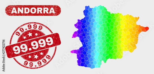 Spectral dotted Andorra map and seal stamps. Red round 99.999 distress stamp. Gradiented spectral Andorra map mosaic of randomized round dots. 99.999 seal stamp with scratched surface.
