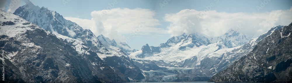 Summer Day in Glacier Bay National Park and Preserve Alaska.  Mountains, valley, ice, and snow