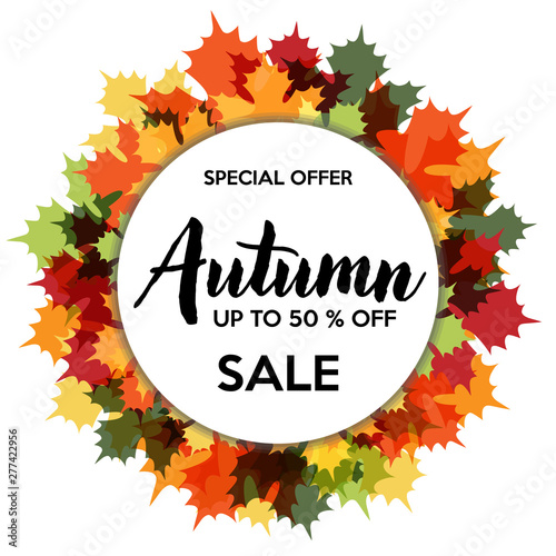 Autumn Sale Banner with Fall Leaves Background. Vector Illustration. Flat Style.  Autumn Design Collection, Cards, Banners, Invitations