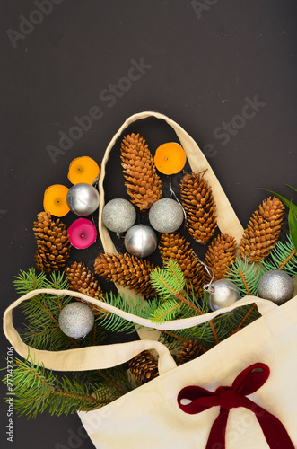 2020 New year Christmas frame with Christmas tree bag on a black background burgundy bow