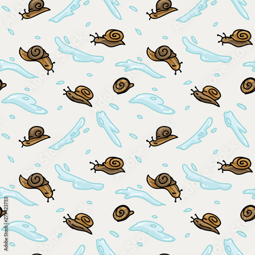 Cute slimy snail cartoon seamless vector pattern. Hand drawn garden pest tile. All over print for escargot blog, bug graphic, spiral helix home decor. 