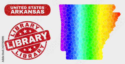 Rainbow colored dot Arkansas State map and seal stamps. Red rounded Library scratched seal. Gradiented spectrum Arkansas State map mosaic of random spheric dots. Library seal with dirty texture.