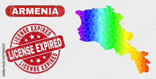 Spectrum dot Armenia map and seal stamps. Red round License Expired distress watermark. Gradient spectrum Armenia map mosaic of randomized small spheres. License Expired seal stamp with dirty texture.