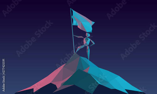 Holographic Vector Business Leader Concept With Businessman Planting Flag on Top of Mountain. Symbol of Success, Goal Achievement, Victory, Leadership, Top Manager Career, Talent. Low Poly Vector 3D