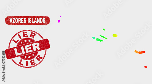 Spectral dotted Azores Islands map and seal stamps. Red round Lier scratched stamp. Gradiented spectral Azores Islands map mosaic of scattered circle. Lier seal with scratched texture.