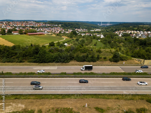 Aerial view of a German Autobahn at Denkendorf near Stuttgart - drone photo taken on a weekend, hence not much truck traffic photo