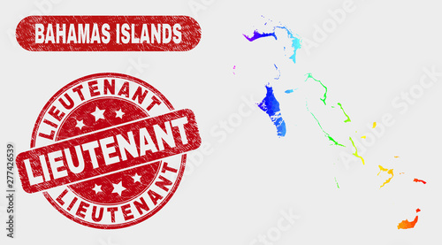 Spectral dotted Bahamas Islands map and rubber prints. Red round Lieutenant grunge seal stamp. Gradiented spectral Bahamas Islands map mosaic of scattered round dots.