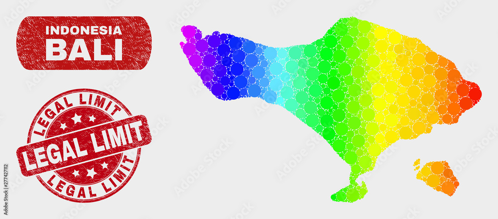 Rainbow colored dotted Bali map and seal stamps. Red round Legal Limit distress stamp. Gradiented rainbow colored Bali map mosaic of randomized circle dots. Legal Limit seal with grunge surface.