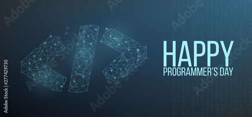Happy programmer day banner or greeting card with code symbol in polygonal wireframe style. Vector illustration.