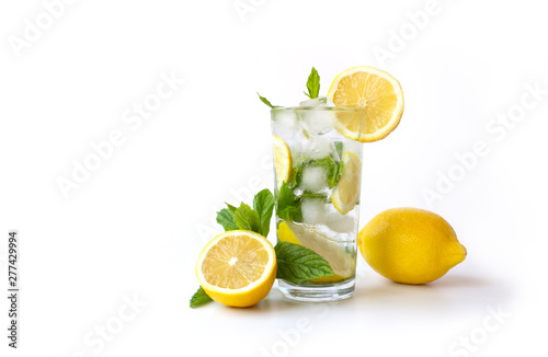 İced mint water with fresh lemon isolated on white background. Diet.