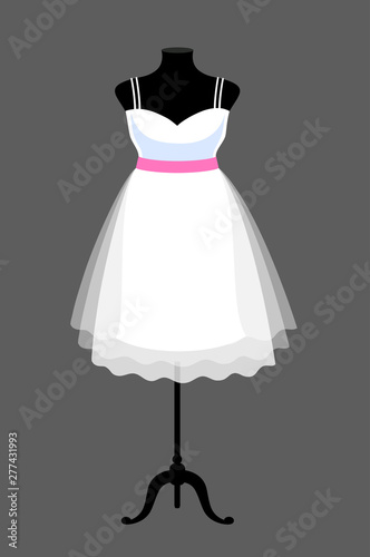 Magnificent white wedding dress on a mannequin. Vector isolated illustration.