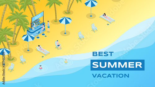 Summer vacation flat banner vector template. Summertime leisure, tropical resort, seasonal recreation poster concept. Sand beach with cocktail bar and tourists isometric illustration with typography
