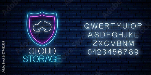 Cloud storage service glowing neon sign with alphabet. Internet technology symbol with shield and cloud.