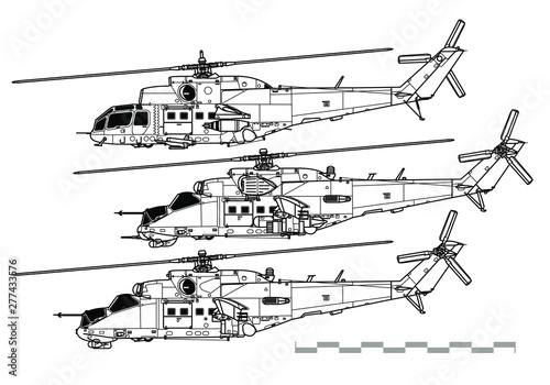 Mil Mi-24 Hind. Outline vector drawing
