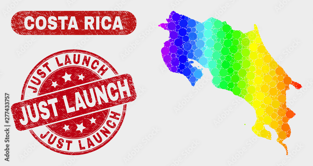 Rainbow colored dot Costa Rica map and seal stamps. Red round Just Launch distress seal stamp. Gradient rainbow colored Costa Rica map mosaic of random circle elements.