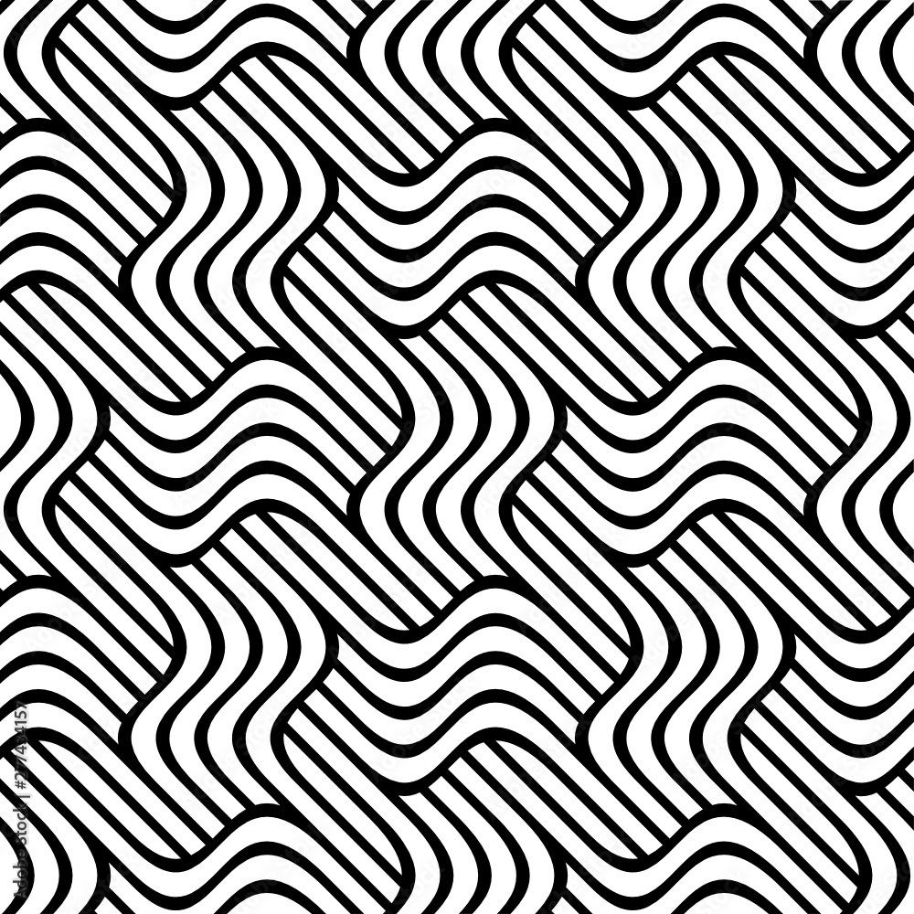 Vector seamless texture. Modern geometric background. Monochrome repeating pattern with curved stripes.