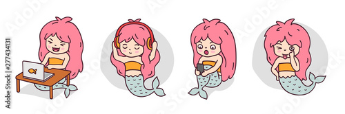 Laughing mermaid with laptop, with smartphone, mermaid listening to music, making faces, sticking tongue out. Cute cartoon characters for emoji, sticker, pin, patch and badge. Vector illustrations.
