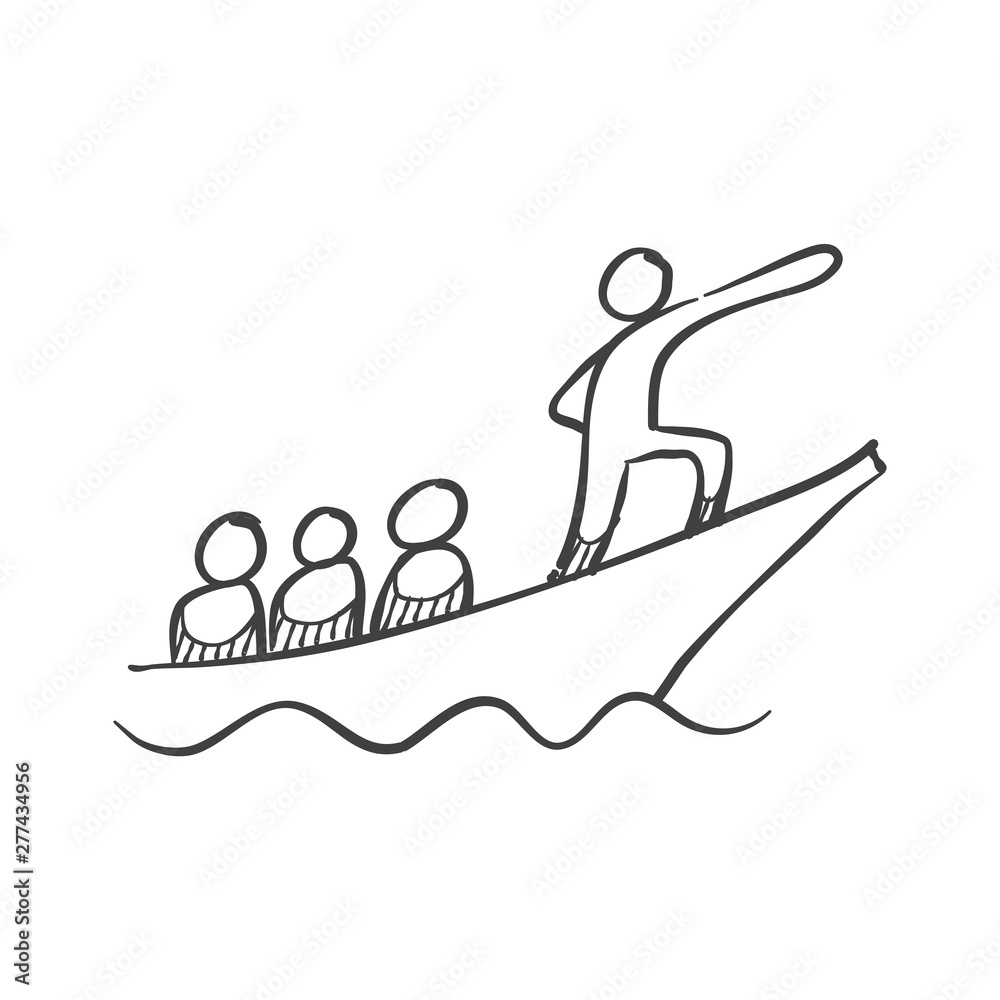Leadership concept icon in sketch style. Men on boat. Vector illustration.