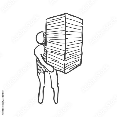 Man holding pile of papers icon in sketch style. Job queue concept. Vector illustration.