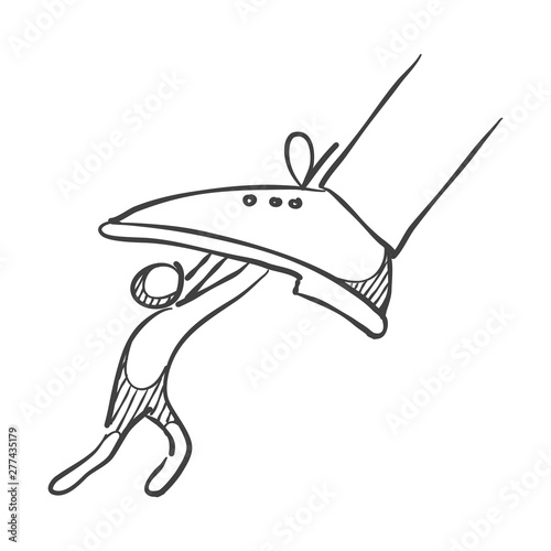 Business concept icon in sketch style. Man resisting huge foot. Vector illustration.