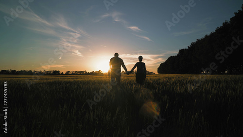 Family walks at sundown rear back view. People with dog nature view at sunset. Silhouettes man and woman walking on the field holding hands running little french bulldog. breathtaking scenery in