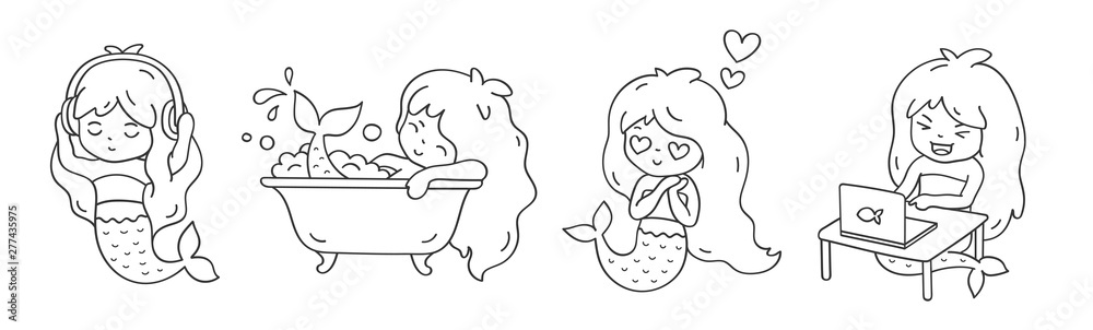 Obraz premium Happy little mermaid. Girl in love, listening to music, bathing, laughing in front of a laptop. Set of cartoon character. Vector outline illustration.