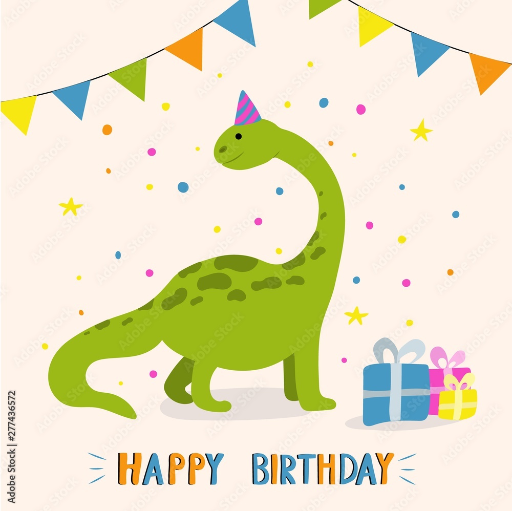 Cute cartoon dinosaur. Happy birthday greeting card. Great design for invitation, card, postcard, poster, greeting card. Hand drawn vector illustration. Cute cartoon dinosaur. Happy birthday greeting card. Great design for invitation, card, postcard, poster, greeting card. Hand drawn vector illustration.